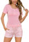 Bresdk Pyjama Femme Short Coton Ete Ensembles Vêtements de Nuit Rayures Manches Courtes Rose S