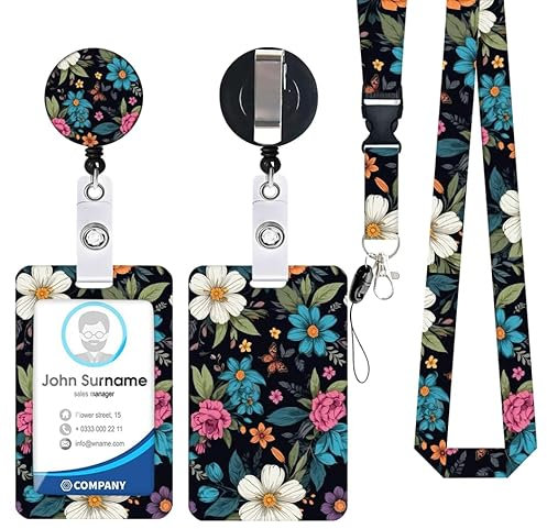 Porte Badge de Carte avec Cordon Tour de Cou d'Identification,Floraux Porte-cartes Swivel Lobster Clasp avec Lanières Rétractables Pour Cartes Clés Caméra Floraux (G-Fleurs blanc-bleu)
