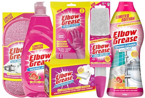 Elbow Grease 6-Piece Pink Bundle Giftset Includes Dish Brush, Scrubbing Pad, Cream Cleaner 540g, Stain Remover Bar 100g, Washing Up Liquid 600ml & Super Strong Rubber Gloves Large