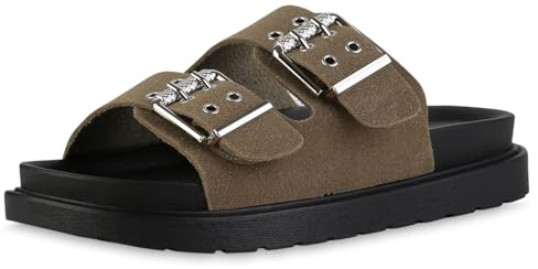 VAN HILL Damen Pantoletten Plateau Schnallen Trendy Schuhe 217444 Olivgrün 39