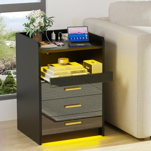 HaodaCulture Nachtschrank Schwarz, Nachttisch mit Led Steckdose, 2 AC Steckdosen, 2 USB Anschlüsse, Nachtkommode mit 3 Schubladen, Nachttisch Hochglanz, für Schlafzimmer Wohnzimmer 45x40x65cm
