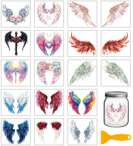 GLOBLELAND 18 hojas de calcomanías coloridas de transferencia de alas de ángel de 3.9 x 3.6 pulgadas, calcomanías de transferencia de cruz de flores para decoración de tazas, jarrones, arte de vidrio