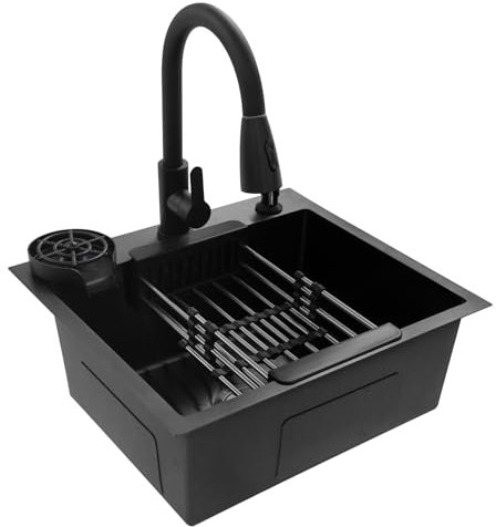 Fregadero de cocina de acero inoxidable con grifo extensible, 50 x 45 cm, incluye lavaplatos, cesta de drenaje y dispensador de jabón