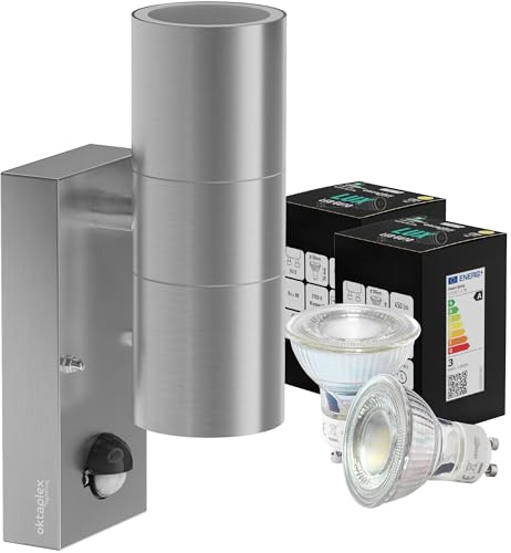 Oktaplex Chile Außenwandleuchte mit Bewegungsmelder Edelstahl inkl. 2x GU10 Leuchtmittel warmweiß 2700K Wandlampe IP44 Up and Down Leuchte 230V silber