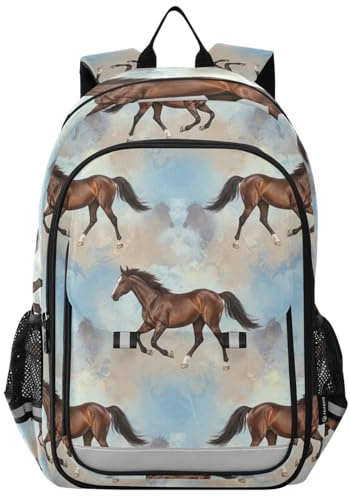 RPLIFE Kinder-Rucksack für Mädchen und Jungen, braune Pferde, groß, strapazierfähig, Schulrucksack 6–12 Jahre, Schultasche mit Frontklappe, 43,2 cm