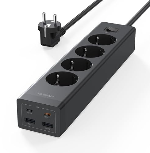TESSAN 4 Fach Mehrfachsteckdose mit Verlängerungskabel 2M, Schwarz | Steckdosenleiste mit 2 USB C und 2 USB A, Mehrfachstecker mit Schalter, 3600W Verteilersteckdose Steckerleiste