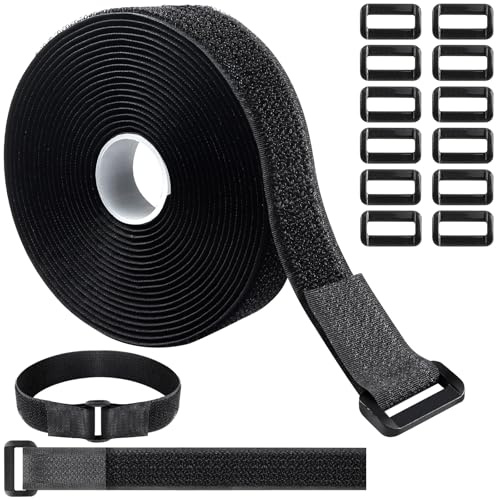 5 m x 2 cm Klettband mit 25 Schnallen, Caianwin Kabelbinder Wiederverschließbar Freies Zuschneiden Klettverschluss Band Schwarz für Kabel, Schnüre und Outdoor-Sonnenschirme