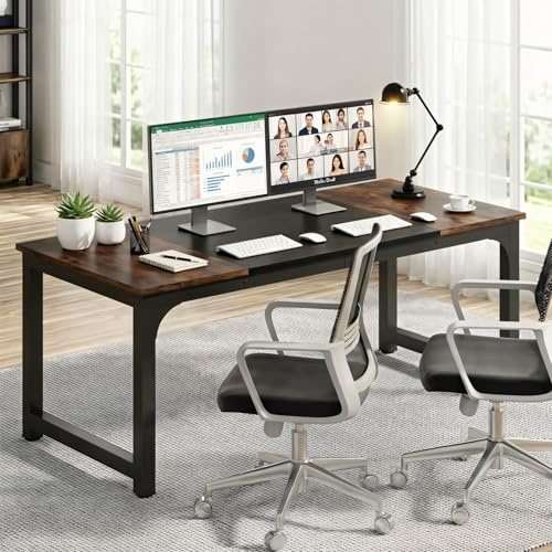 Tribesigns Moderner großer Computertisch, 180 x 80 cm Doppelter Schreibtisch Bürotisch Arbeitstisch Esstisch für das Homeoffice, Metallrahmen (Braun und Schwarz, 180 x 80 x 75 cm)