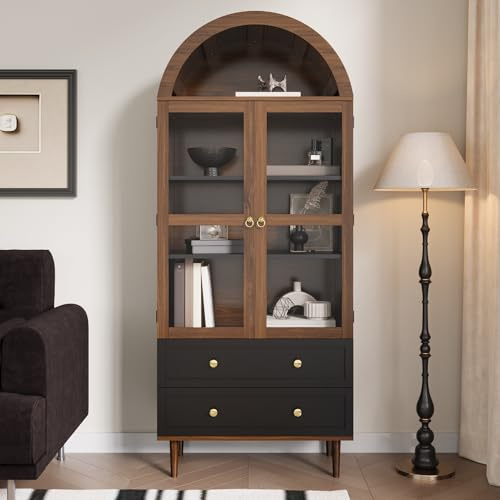NADEUSAK Vitrine Sideboard 70x170cm mit verstellbaren Einlegeböden,Moderner Retro-Aufbewahrungsschrank aus gewölbtem Glas,Verstellbare Regale