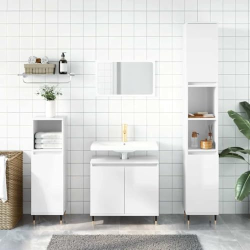 HETFTJN Armoire de salle de bain blanche brillante 58 x 33 x 60 cm - Pieds en fer - Meuble à pharmacie moderne avec espace de rangement pour salle de bain, invités, WC et couloir