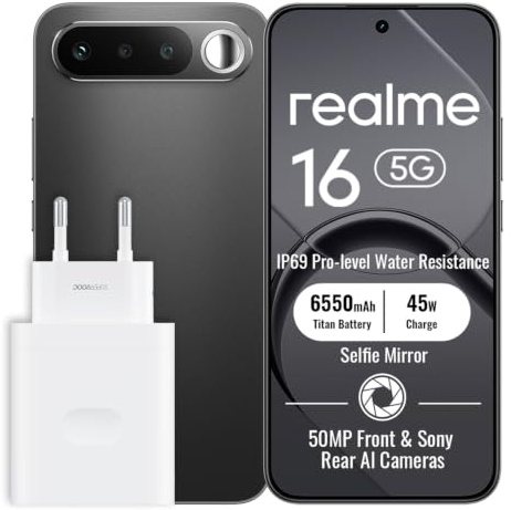 realme 16 5G Smartphone 8+256Go, Black | Batterie 6550mAh, Charge rapide 45W, Écran AMOLED 6,57 pouces, 120Hz, Appareil photo IA 50MP, Dimensity 6400 Turbo, IP69