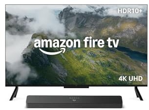 Amazon Ember Serie 4 da 55 con Fire TV, smart TV 4K Ultra HD con telecomando Alexa, processore veloce, Dolby Audio, modalità ambiente, TV in diretta gratuita + Fire TV Soundbar Plus di Amazon