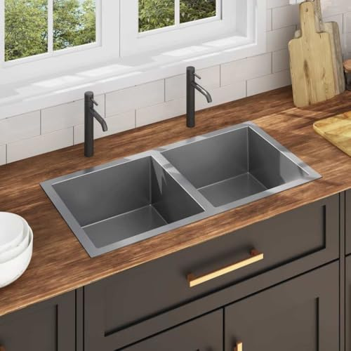 Ordellia Lavello da incasso fatto a mano in acciaio inox con superficie satinata spazzolata, 86,5 x 44 x 20 cm, 2 vasche, scarico a X per cucina, lavandino, stazione dell'acqua