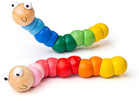 Bigjigs Wiggly Worm Wooden Toy, Pack of 2 Rainbow Colour Worms | Montessori Toys for Fidget & Sensory Play, Educational Gift for Babies & Kids Age 1+, Party Bags & Stocking Filler