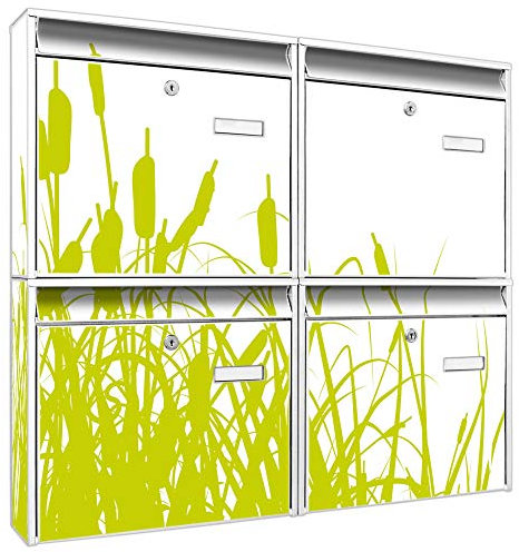 banjado Briefkastenanlage 4 Fach - Postkästen groß - verzinkter Stahl weiß DIN A4 Motiv Schilf - Briefkasten Set 4 Briefkästen Namensschild, 2 Schlüssel, Montagematerial