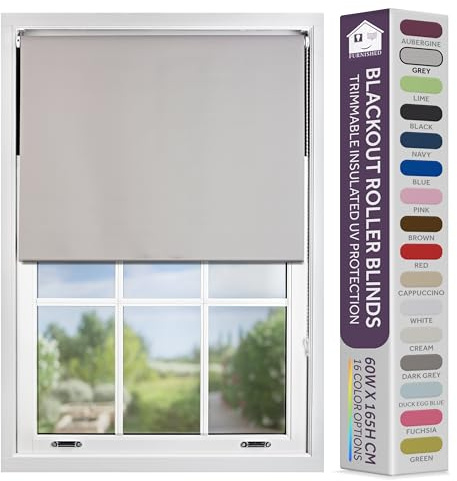 FURNISHED Blackout Roller Blind with Metal Fittings Trimmable Insulated Thermal Fabric Heavy-duty Easy Install Brackets Window Roller Blinds - Grey, 210W x 165H cm