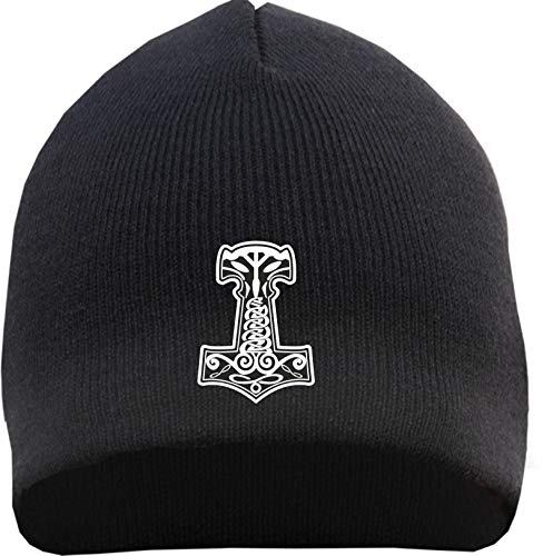 HB_Druck Thorshammer Mjolnir Beanie Mütze - Bestickt - Strickmütze Wintermütze Einheitsgröße Schwarz
