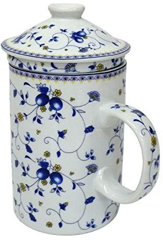 Porcelain Chinese Tea Mug with Infuser and Lid - Fruit Vine Pattern