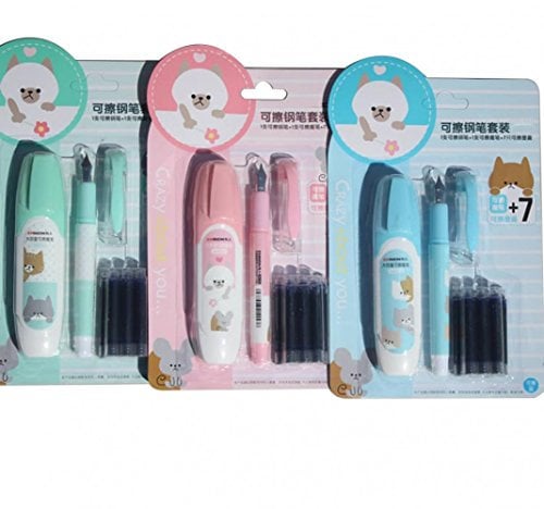 1 Set Large Nib Erasable Fountain Pen with 7 Blue Ink Refills Set Writing Stationary Office School Supplies Gifts for Boys Girls Adults (Random Color)