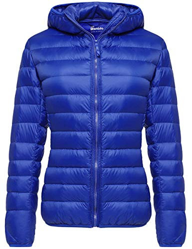 Wantdo Femme Veste en Duvet Manteau Matelassé à Capuche Léger Compressible Veste Coupe-Vent Isolée de Montagne à Capuche Mince Veste d'Extérieur Courte,Bleu Saphir,2XL