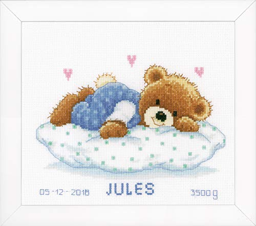 Vervaco Gezählter Kreuzstich Stickpackungen Stickset Baby Geburt Bären Wanddekoration Handarbeit Set für Erwachsene Kreatives Handwerk ca. 23 x 18 cm Geburt Geschenk Hausdeko