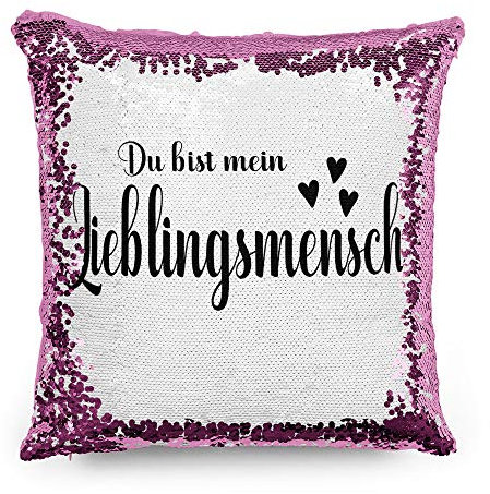 Tassendruck Pailletten-Kissen mit Spruch Du bist Mein Lieblingsmensch - Verliebt/Liebe/Geschenk-Idee/Paar/Kissenbezug inkl. Kissenfüllung/Farbe: Pink