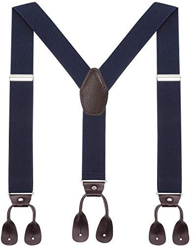 WELROG Herren Hosenträger breit mit Leder Knopfloch - Elastische und verstellbare Länge Y Form mit 6 Tasten für Herren (Marineblau)