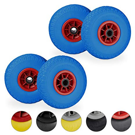 Relaxdays Set da 4 Ruote per Carriola, Pneumatici di Gomma Piena Antipanne, ASSE 25mm, Max.80 kg, 260x85mm, Blu Rosso
