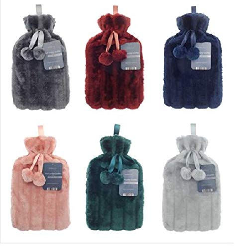 Luxury Faux Fur Hot Water Bottle with Cover Pom Pom 2L Many Colours (Navy)