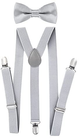 axy Kinder Jungen Hosenträger-Y Form 2,5cm breit mit Fliege - 3 Stabile Clips für Kinder 7-12 Jahre alt (Lichtgrau)