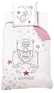 Warner - Housse De Couette Tom and Jerry 140x200 cm - Rose/Blanc - 100% Coton