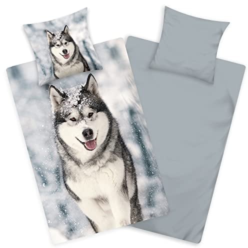 Aminata kids Biber Bettwäsche 135x200 Kinder Hund Husky Hunde-Tier-Motiv Baumwolle Reißverschluss, Kinder-Flanell-Biber-Bettwäsche Winter-Motiv, warm & kuschelig Wolf weiß Winterlandschaft