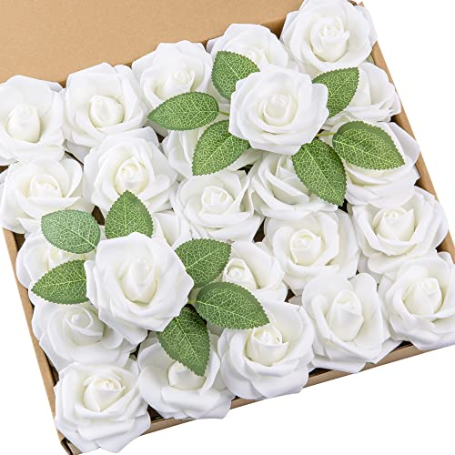 DuHouse Künstliche Rosen Blumen Fake Schaumstoff Rosen Köpfe mit Stiel Künstliche Blumen Rose für Hochzeit Home Party Baby Dusche Valentinstag Deko(25 Stück,Elfenbein)