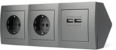 Möbel-Steckdose 2-fach mit 2x USB anthrazit für Küche & Büro - Mehrfachsteckdose vertikale & horizontale Montage als Tischsteckdose und Küchensteckdose - Ecksteckdose Steckdosenleiste