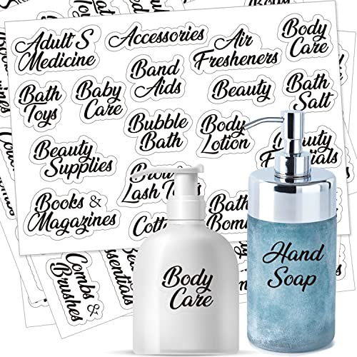 Prefdo 153 Badezimmer Aufkleber, wasserdicht, vorgedruckt auf transparenten Aufklebern für Aufbewahrungsbehälter, Badezimmerbehälter, Handseife, Etiketten, Flaschen, Make-up-Organizer (schwarz)