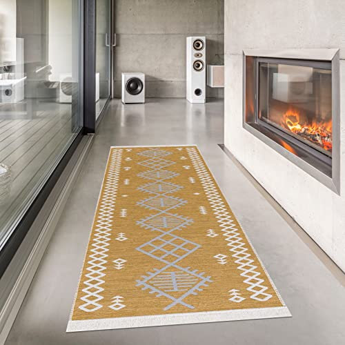 Pasha Home Teppich Läufer 80x200 cm Prag/Boho Teppich aus Baumwolle/Teppich für Wohnzimmer, Schlafzimmer, Küche, Bad, Kinderzimmer/Teppich Boho Style wendbar/Teppich Läufer senfgelb-grau