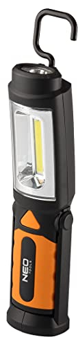 NEO TOOLS Werkstattlampe 2 in 1, Taschenlampe, 200 lm, LED COB, Batterieleistung 3xAA, Magnet im beweglicher Sockel, Haken 360 Grad, Betriebszeit max 6.5h, 2 Lichtfunktionen