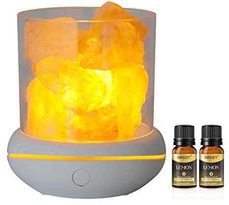 Essential Oil Diffuser, Natural Himalayan Salt Rock Lamp with Dimmer Switch, Aromatherapy Night Lamp with Diffuser, Desktop Led Lights with Air Purification Function(with two essential oil) (white)
