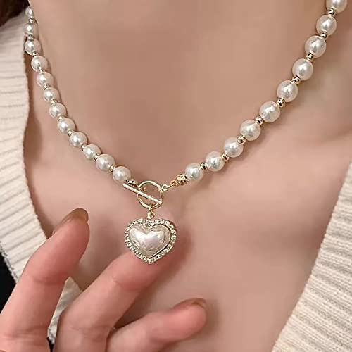 TseenYi Vintage Perlenkette Choker Boho Perlen Herz Ot Halskette Gold Perlenstrang Halskette Kristall Herz Toggle Halskette Kettenschmuck Für Frauen Und Mädchen