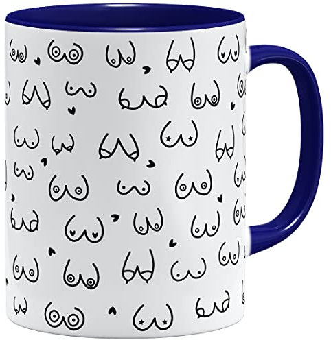 OM3® witzige Doodle Kaffeetasse mit Brüsten - Titten Tasse Brüste-Muster - Keramik Becher - 11oz 325ml - Rundumdruck - Dunkelblau