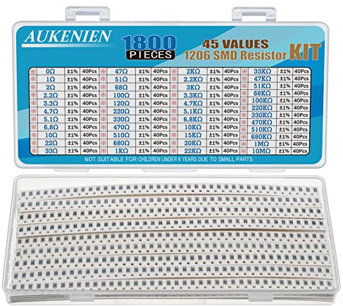 AUKENIEN 1206 SMD Widerstand Sortiment 45 Werte 1800 Stück 0R bis 10M Ohm Resistor 1/4W SMT Widerstände Kit mit ±1% Toleranz
