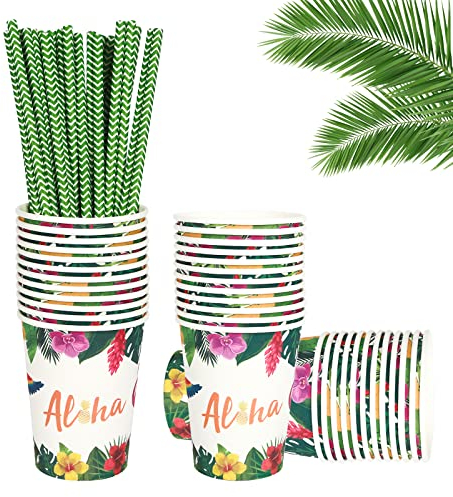 Service de table hawaïen Aloha 48 pièces comprenant 24 tasses et 24 pailles en papier pour dîner hawaïen Aloha, ensemble de vaisselle en papier Luau Tropical Tiki Summer Pool Vert 2