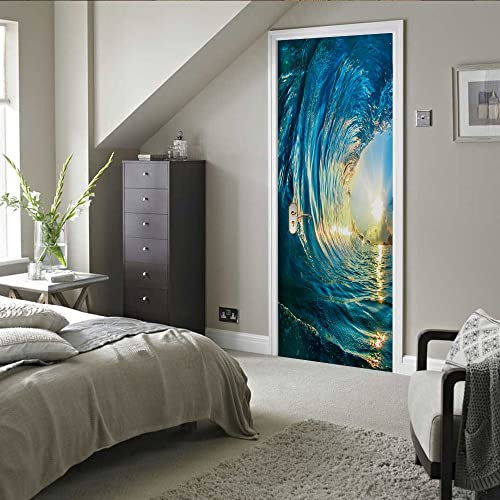 stickers paroi de douche 40x120cm(15.74 inches * 47.24 inches)Vagues coucher de soleil 3D Sticker de Porte Trompe l'Oeil Effect Auto-Adhésif Amovible Autocollant pour Décor Cuisine Chambre Salle de Ba