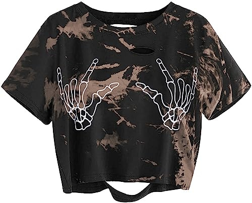 Avanova Women's Graphic Printed Tee Short Sleeve Distressed Crop Tops T Shirt, Tie Dye Brown C, S