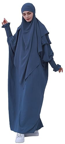 Gebetskleidung für Frauen 2 Stück Abaya Muslim Damen mit Khimar Hijab Abaya Kleid Lose Langen Ärmeln Maxi Muslimische Kleider Damen mit Jilbab Burka Ganzkörper Kleidung Blau