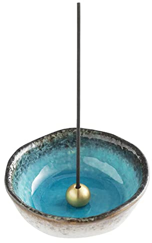 Asayu Japan - Quemador de Incienso, Hecho en Japón para Varillas, Porta Incienso de cerámica con Soporte metálico para Varillas (Azul Océano, 8.3cm)