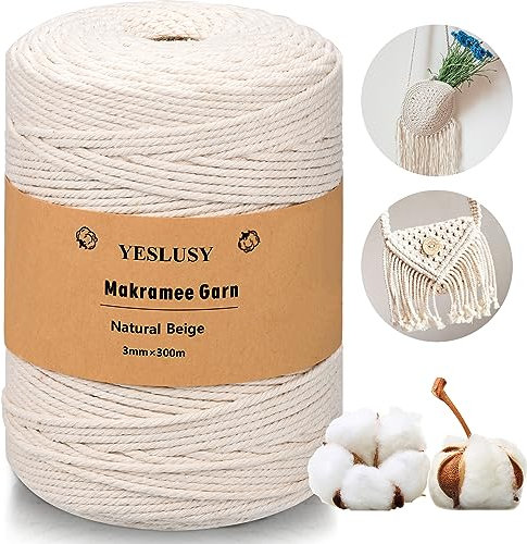 YESLUSY Premium Makramee Garn Natur - 3mm x 300m Baumwollgarn für DIY Handwerk, Weben & Hängepflanzen - Natürlich, Umweltfreundlich & Langlebig