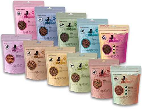 catz finefood Meatz Katzen-Leckerlies knusprige Fleischstreifen - Katzen-Snack Mix getreidefrei, ohne Zucker, gegrillt und getrocknet - Verschiedene Sorten (11 x 45g)