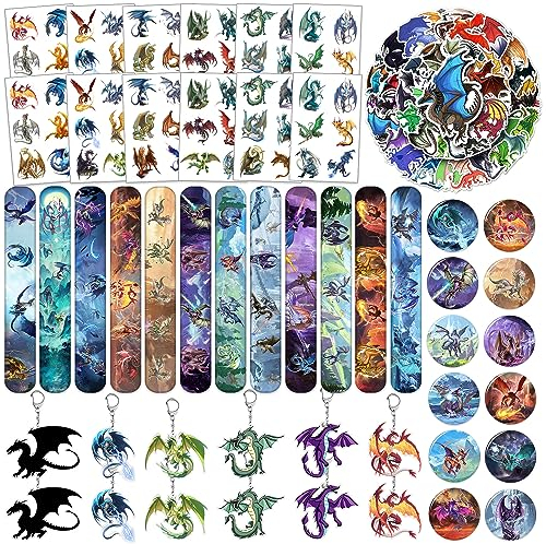 98 Stück Drachen-Geburtstagsparty-Geschenke, Drachen-Thema, Ohrfeigen-Armbänder, Aufkleber, Anstecknadeln, Acryl-Drachen-Schlüsselanhänger, temporäre Tattoos