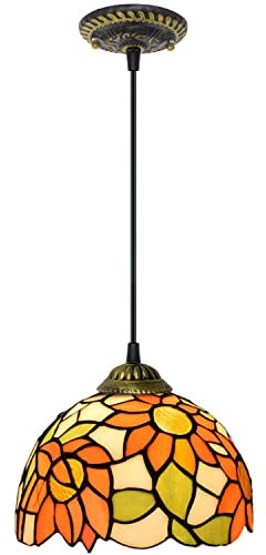 PAZWAHF Vintage-Sonnenblumenmuster, Tiffany-Stil, Pendelleuchte, Buntglas-Hängelampe, Breite 20,3 cm, Höhe 91,4 cm, Buntglas-Hängeleuchter